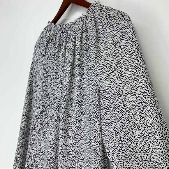 Ann Taylor Dark Navy Blue Abstract Dot White Long Sleeve Blouse Keyhole Front - Picture 10 of 16